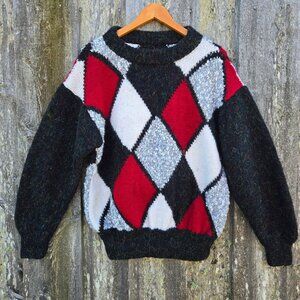 Vintage 80s Chunky Hand Knit Sweater Size M Oversized Diamond Harlequin Pattern